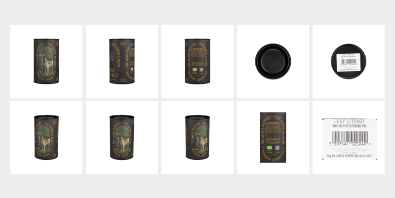 Beispiel verschiedener Produktansichten - Vorder-, R&uuml;ck-, Links-, Rechts-, Draufsicht und Zutatenliste. Planogramm vs. Marketing